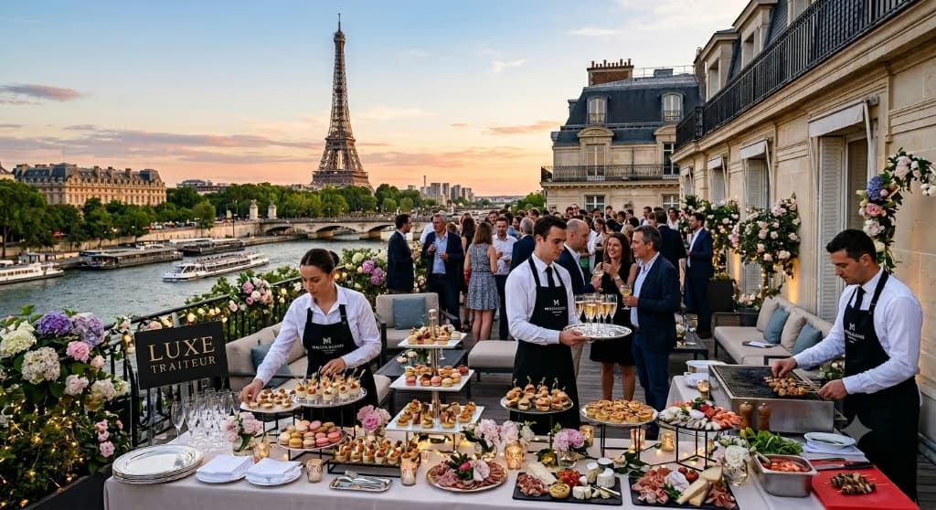 Traiteur événement rooftop Paris avec vue Tour Eiffel — buffet cocktail Luxe-Traiteur