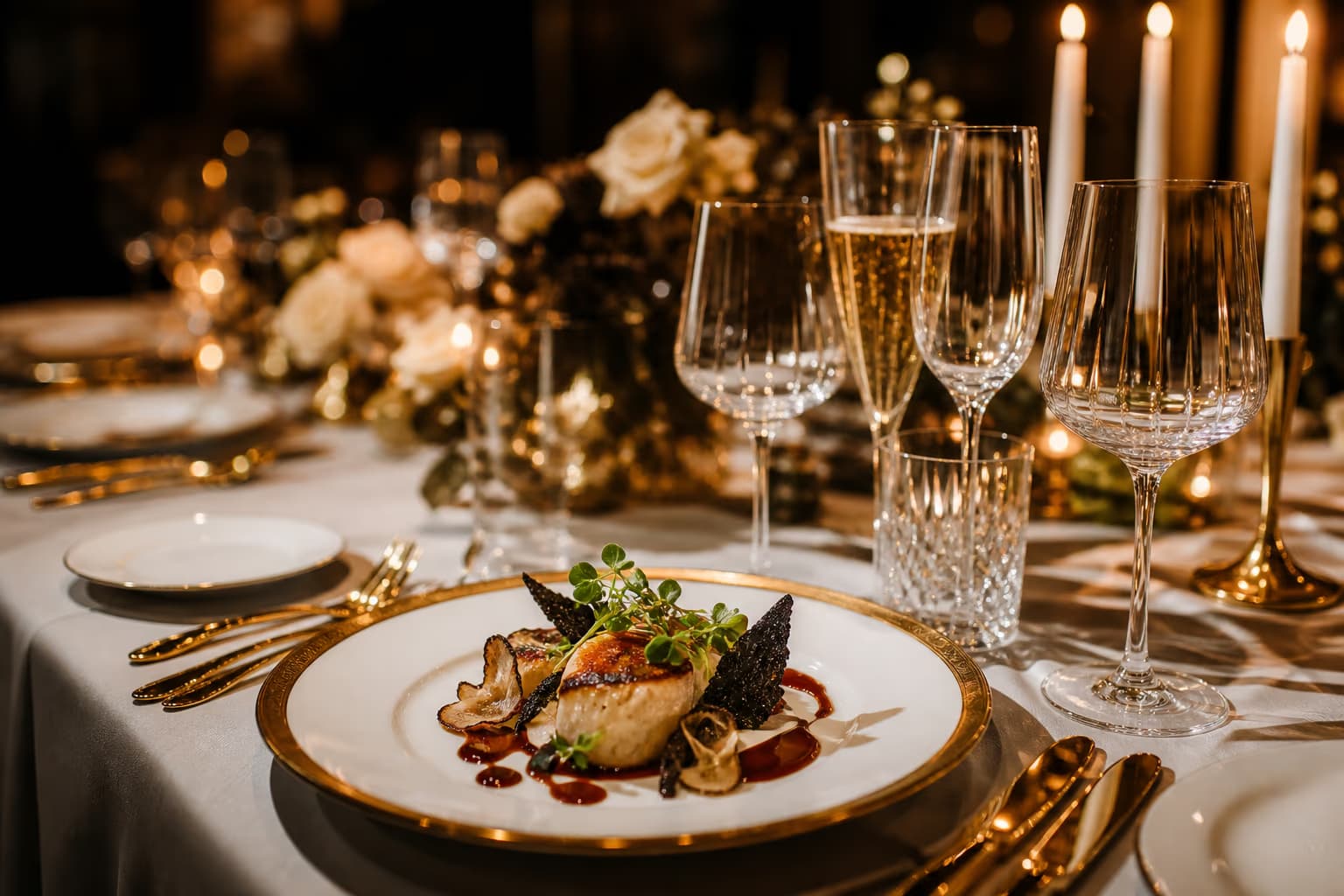 Réception gastronomique d'exception Table de réception dressée par Luxe-Traiteur — vaisselle dorée, verrerie cristal et plat gastronomique aux chandelles à Paris